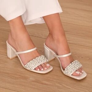 Karcen Ivory Satin Pearl Rhinestone High Heel Slide